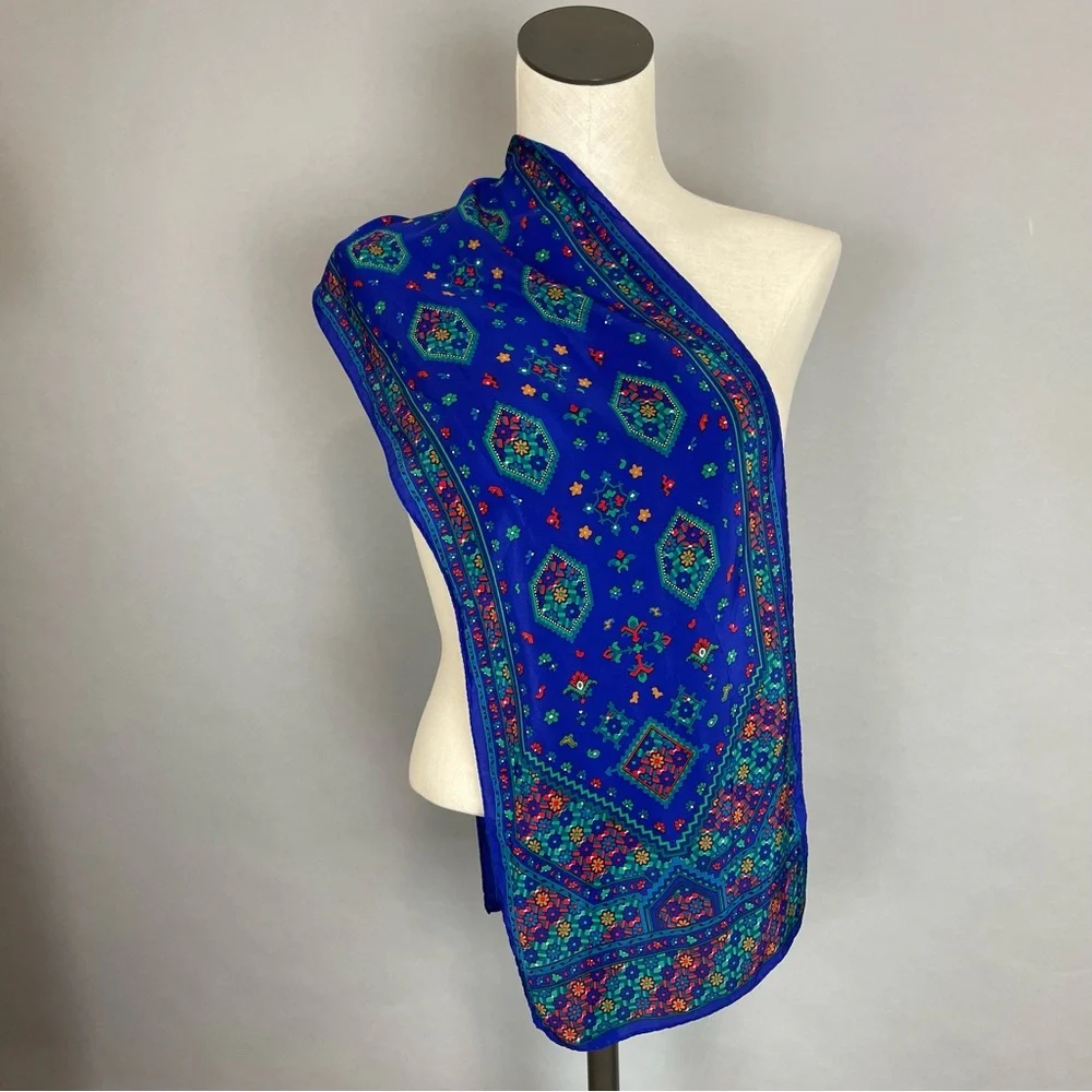 Vintage Blue Scarf Floral Geometric‎ Pattern Long Rectangular Unique Retro Fun